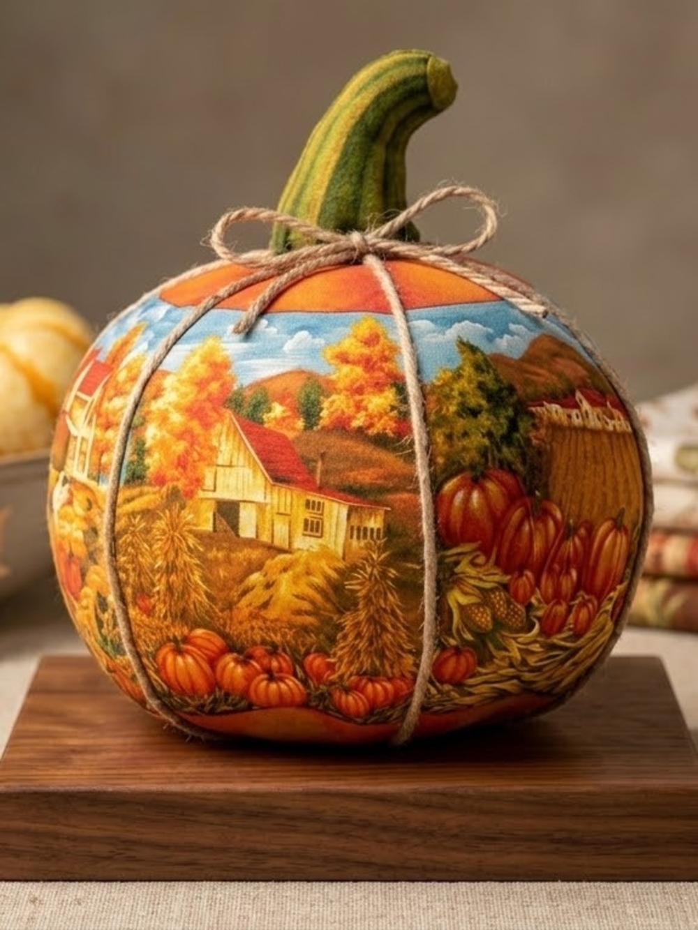 Hand-Sewn Fabric Autumn Pumpkin Decor Scarecrow & Sunflower Harvest Tabletop Pie